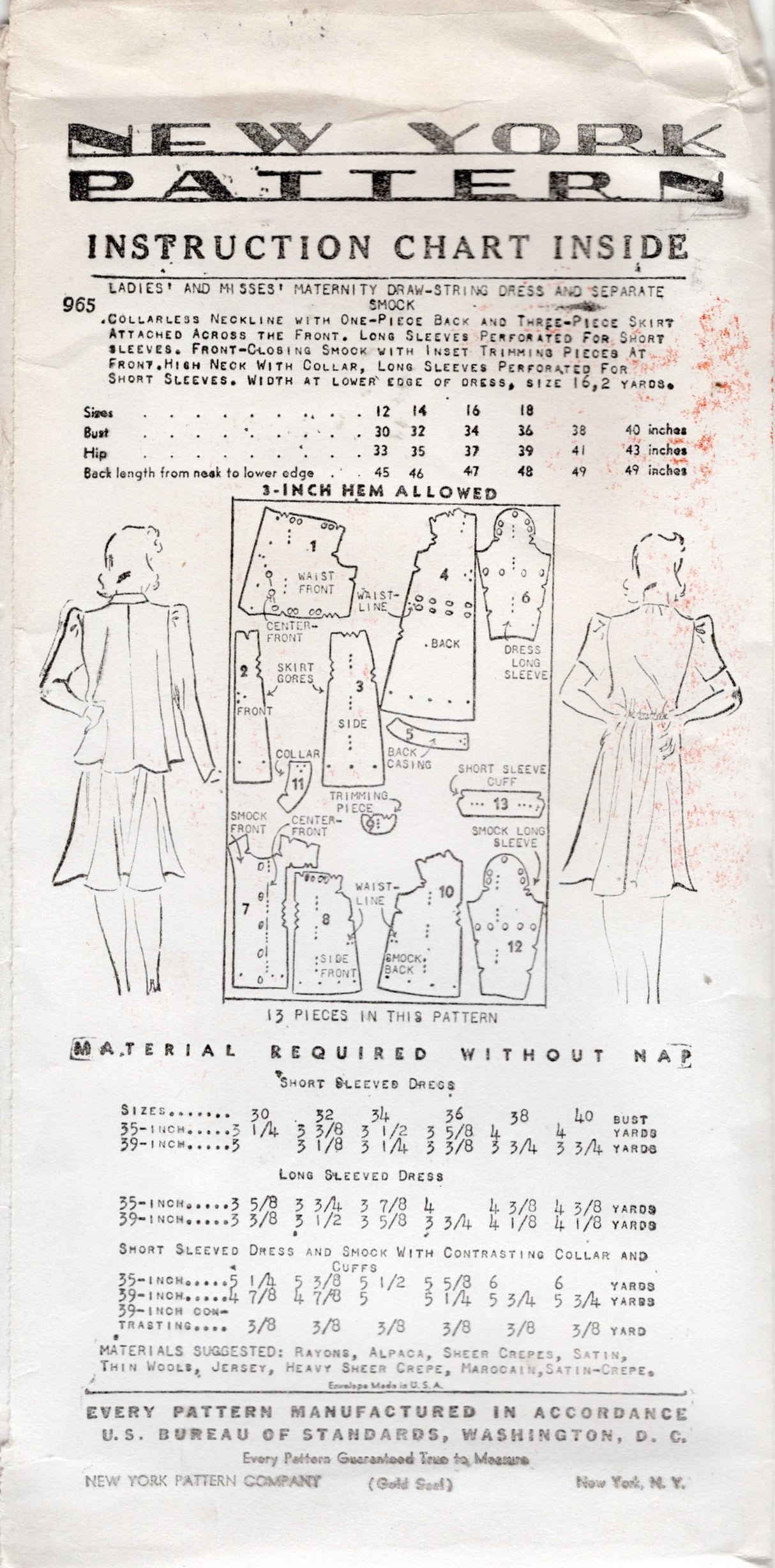 1940's New York Maternity Draw String Dress and Smock Pattern - Bust 32-38" - No. 965