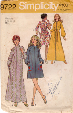 1970’s Simplicity Robe in Two Lengths and Raglan Sleeves - Bust 34-36” - No. 9722