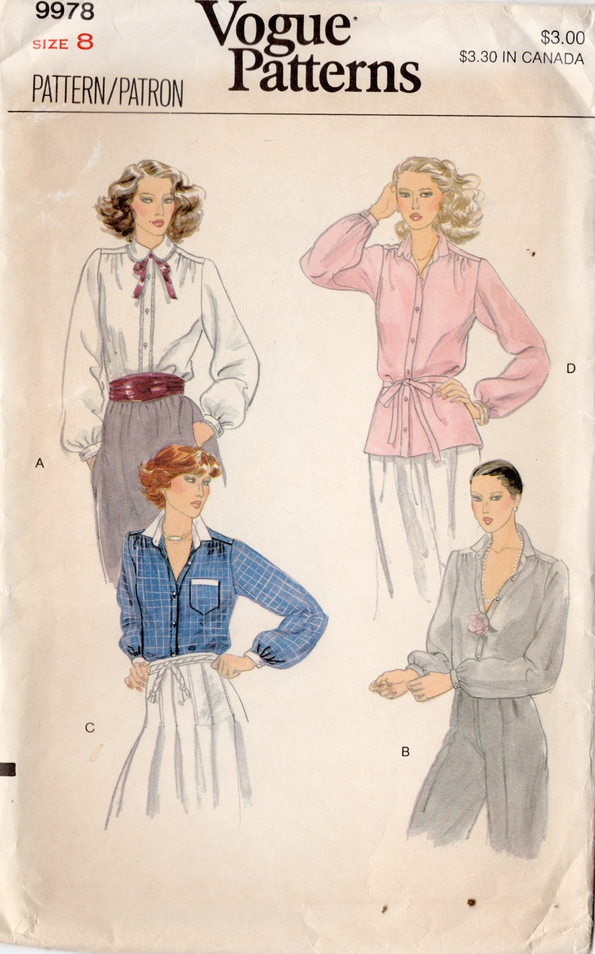 1970's Vogue Collared Button Up Blouse Pattern - Bust 31.5" - No. 9978