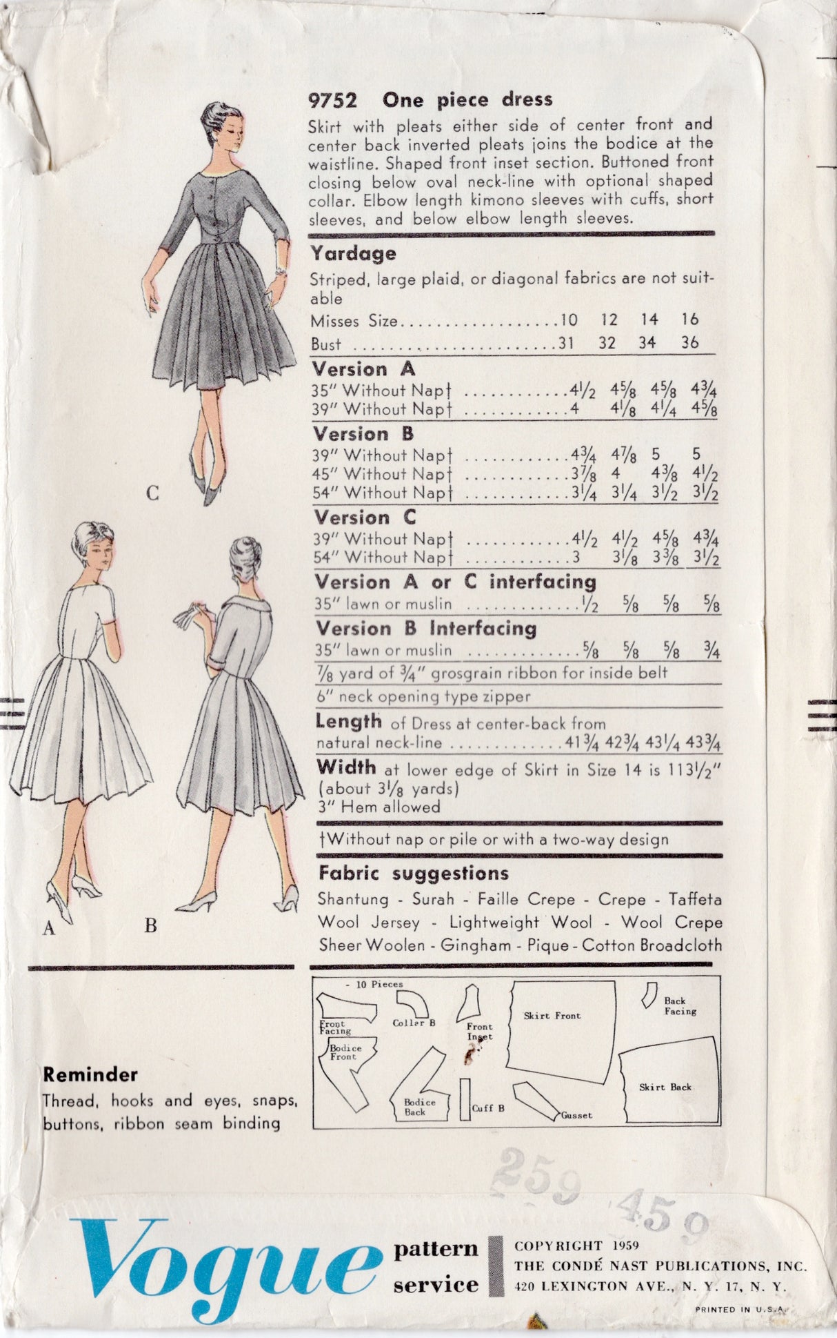 1950’s Vogue One Piece Shirtwaist Dress with Accent Side Panels - Bust 31” - No. 9752