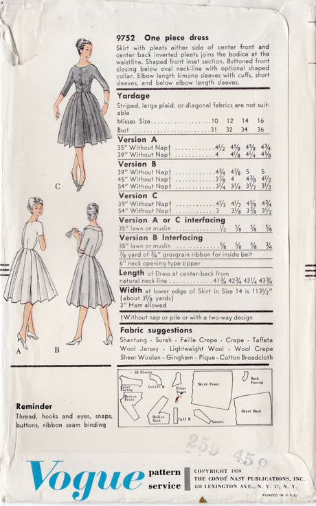 1950’s Vogue One Piece Shirtwaist Dress with Accent Side Panels - Bust 31” - No. 9752