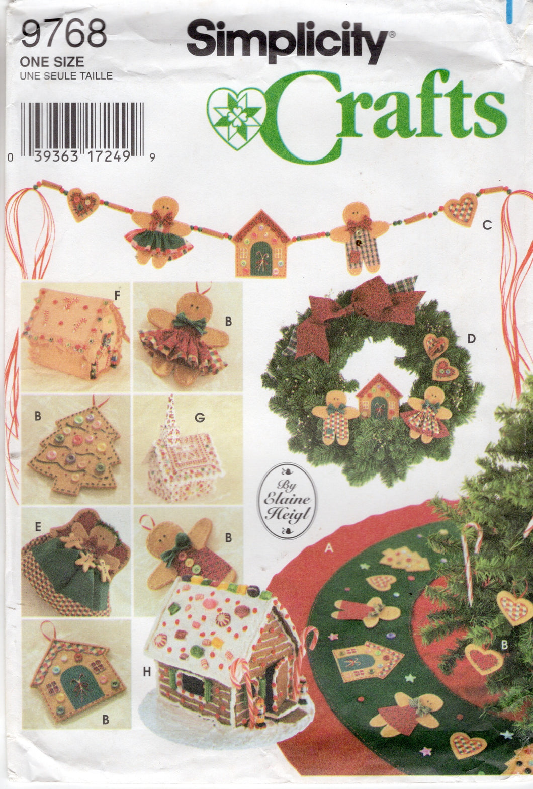 1990's Simplicity Holiday No Sew Crafts Pattern (Tree Topper, Ornaments, Tree Skirt, Wreath, Swag, House and Church) - One Size - No. 9768