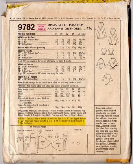 1960's McCall's Poncho and High Waisted Pants Pattern - Bust 32.5" - No. 9782