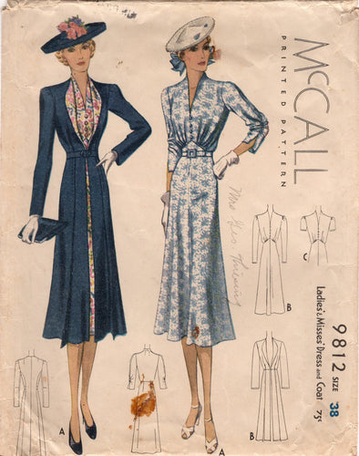 1930's McCall One Piece Dress Pattern with Gathered Front Bodice and Shawl Collar Coat pattern - Bust 38