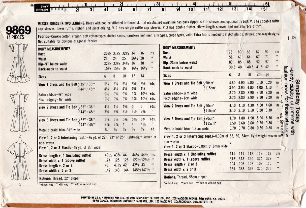 1980’s Simplicity Square Neckline One-Piece Dress Pattern - Bust 36” - No. 9869
