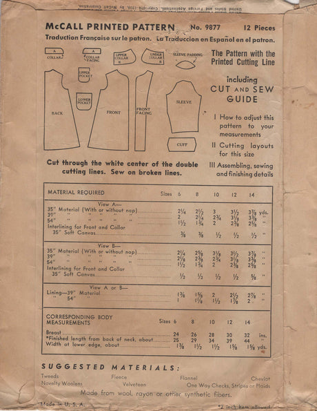 1930's McCall’s Child’s Coat Pattern - Chest 28" - No. 9877