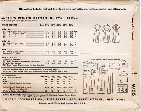 1950's McCall's One Piece Dress Pattern with Gored Skirt - Bust 39" - No. 9756