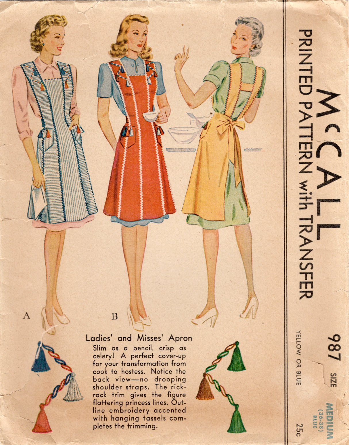 1940’s McCall Full Apron and Transfer Pattern - Bust 36-38" - No. 987