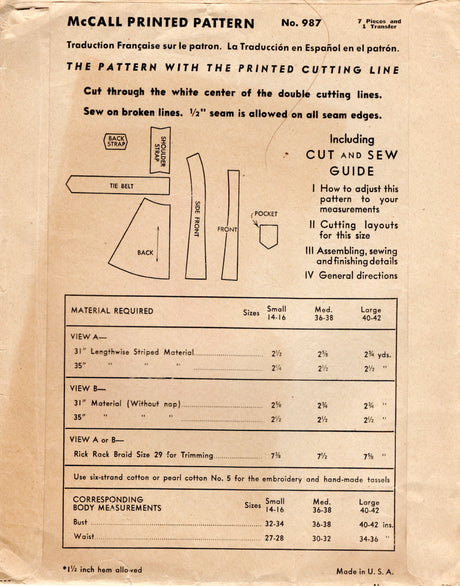 1940’s McCall Full Apron and Transfer Pattern - Bust 36-38" - No. 987