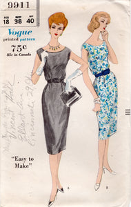 1950's Vogue Sheath Dress with Round Neckline - Bust 38" - No. 9911