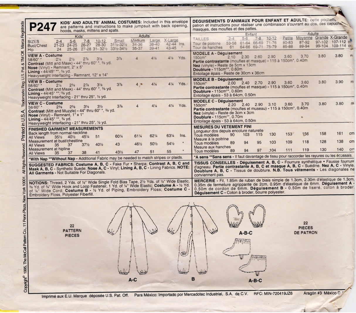 1990's McCall's Animal Costume pattern, Gorilla, Monkey or Bear - Chest 42-44" - No. P247