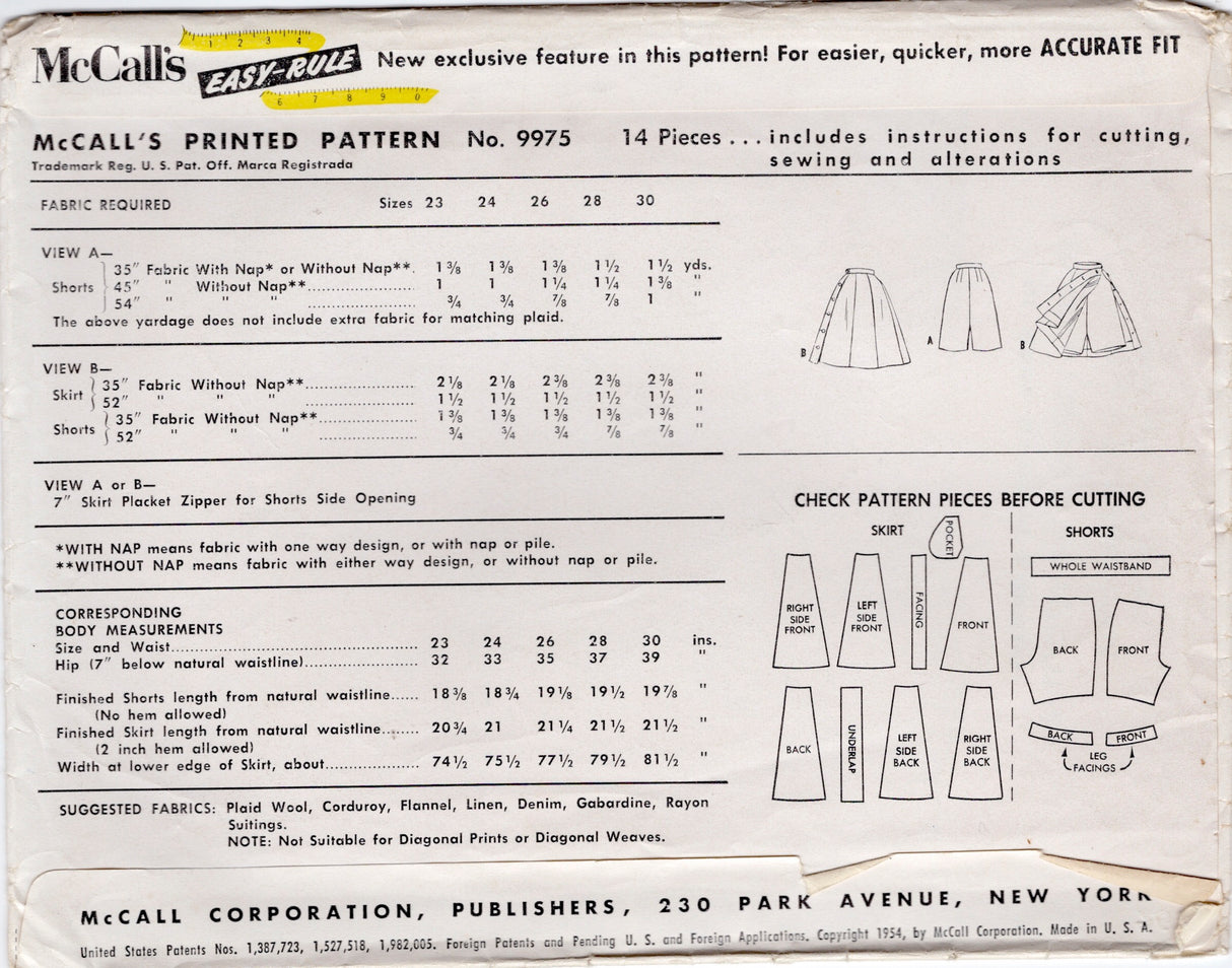 1950's McCall's Bermuda Shorts or Skort Set - Waist 26" - No. 9975