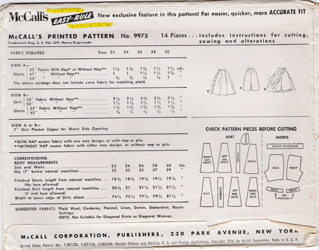 1950's McCall's Bermuda Shorts or Skort Set - Waist 26" - No. 9975