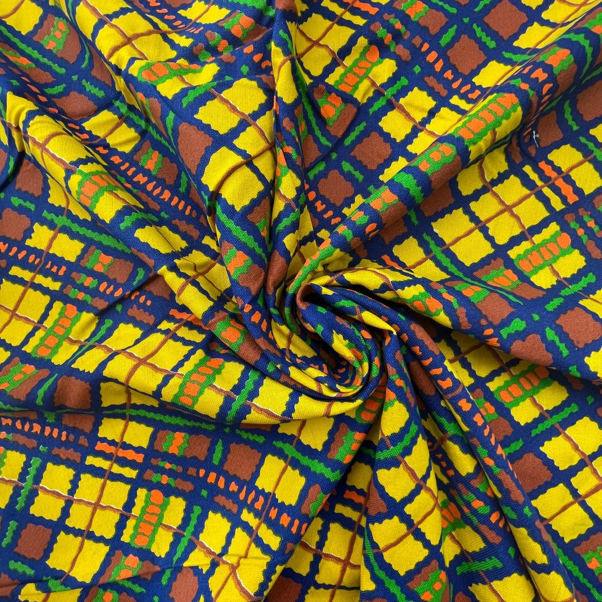 1970's Yellow, Blue, and Brown Printed Plaid fabric