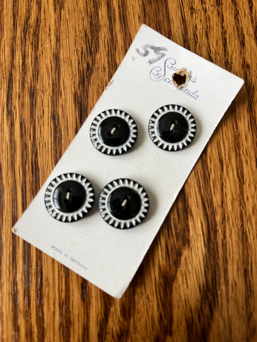 1960’s Buttons by Schwanda Plastic Buttons - Black and White - Set of 5 - 3/4” -  on card