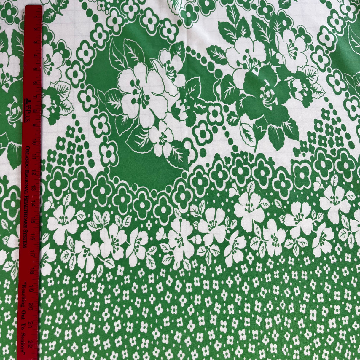 1970’s Green with White Mod Floral Border Print Double Knit Polyester Fabric - (P129)