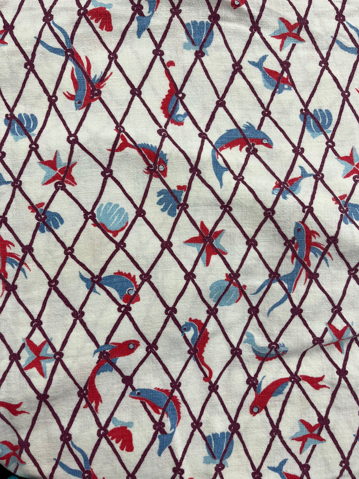 1940’s Fish in Net Novelty Print Cotton Blend Fabric Round Tablecloth