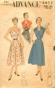 1950's Advance One Piece Dress with Crossover button front and Bolero - Bust 36" - No. 6673