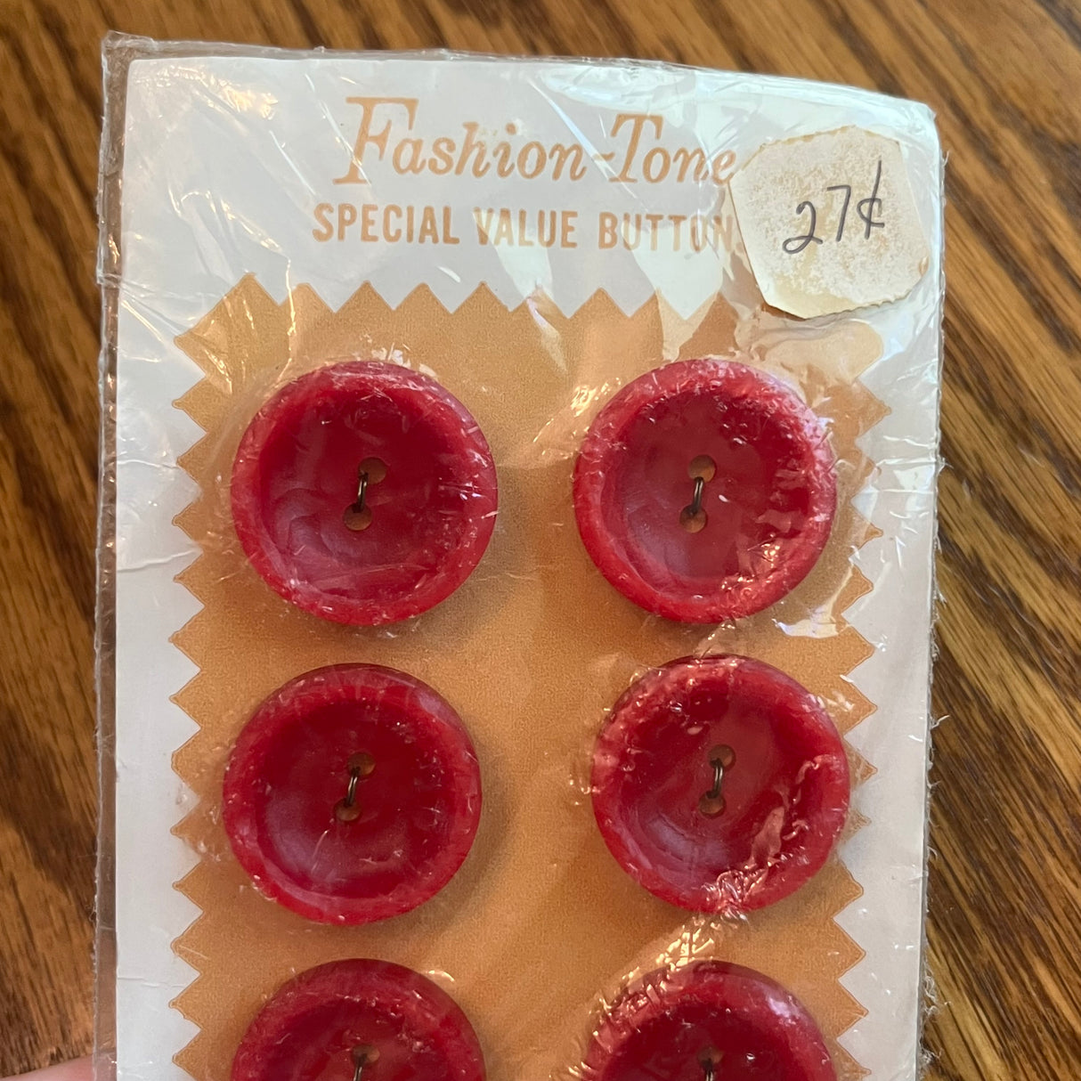 1960’s Fashion-Tone Plastic Buttons - Red - 1 1/8" -  on card