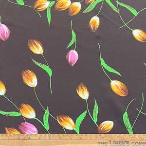 1970’s Brown with Orange and Pink Tulips Polyester Satin - BTY