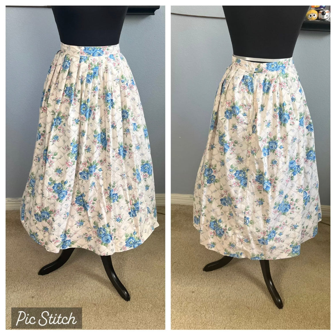 1950's style Faux Quilted and Rose Print Pleated Skirt - Cotton