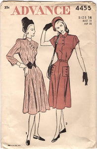 1940's Advance Fit and Flare Dress with Button accent on Bodice and Pocket and Belt Pattern - Bust 32" - No. 4455