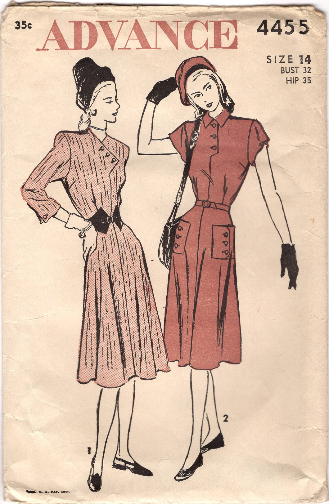 1940's Advance Fit and Flare Dress with Button accent on Bodice and Pocket and Belt Pattern - Bust 32