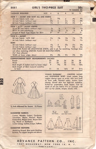 1950's Advance Child's Suspendered Skirt and Bolero Jacket pattern - Size 10 - Breast 28" - No. 8081