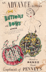 1940's Advance Half Apron with Basket or Patch Pockets - One Size - Button & Bows