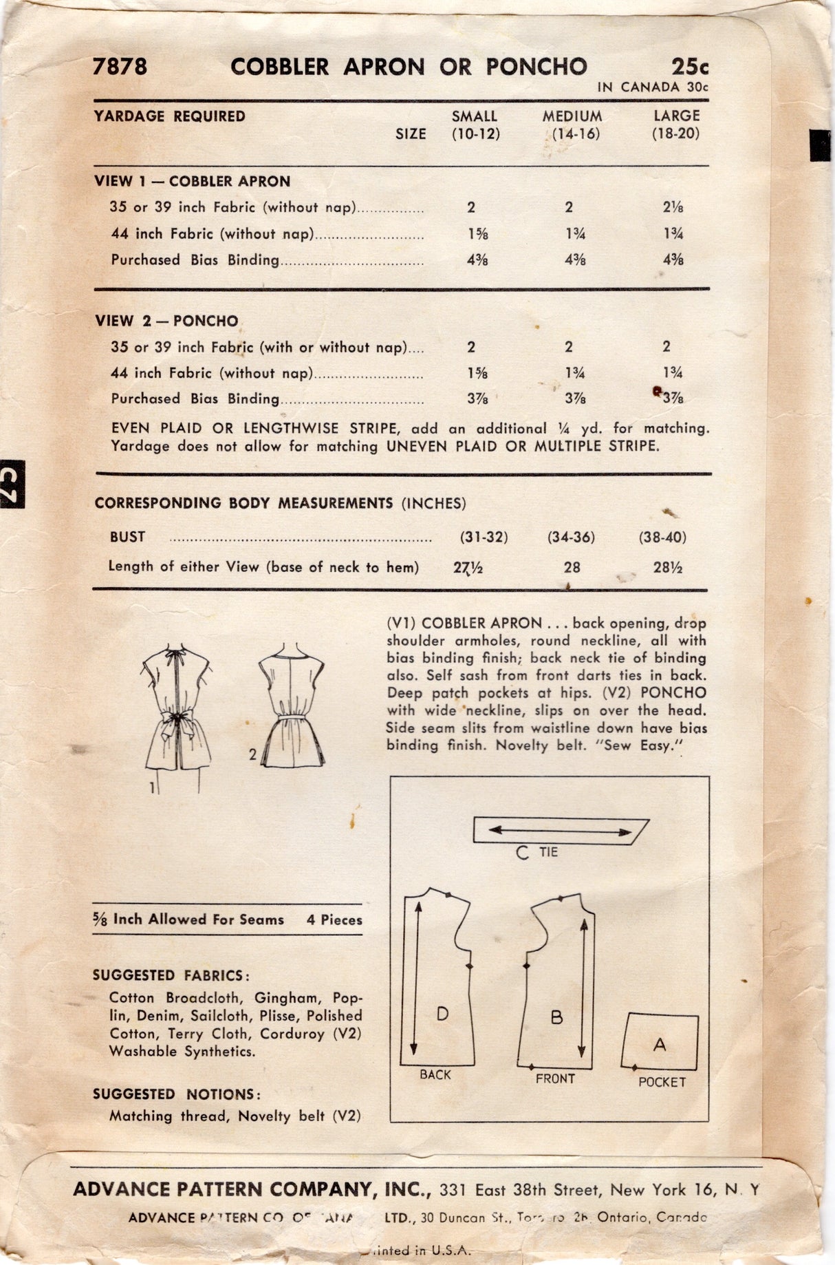 1950's Advance Full Cobbler Apron or Poncho Pattern - Bust 31-32" - No. 7878