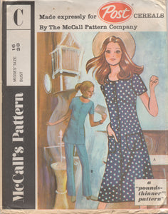1970's McCall's Button Up Tunic or Dress and Straight Leg Pants - Bust 38" - Post Cereal - No. C