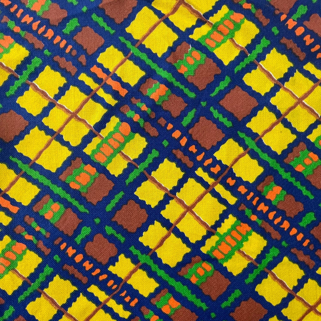 1970's Yellow, Blue, and Brown Printed Plaid fabric