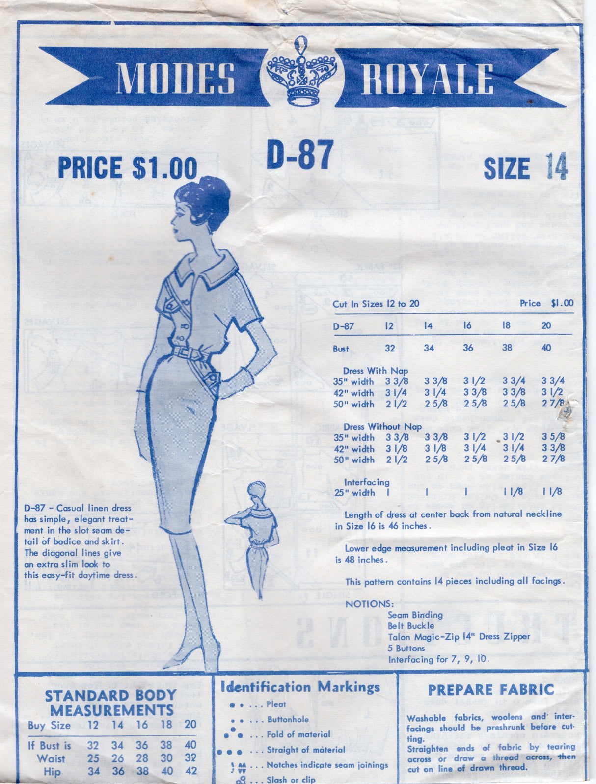 1960's Modes Royale Sheath Dress with Accent Detail Pattern - Bust 34" - No. D-87