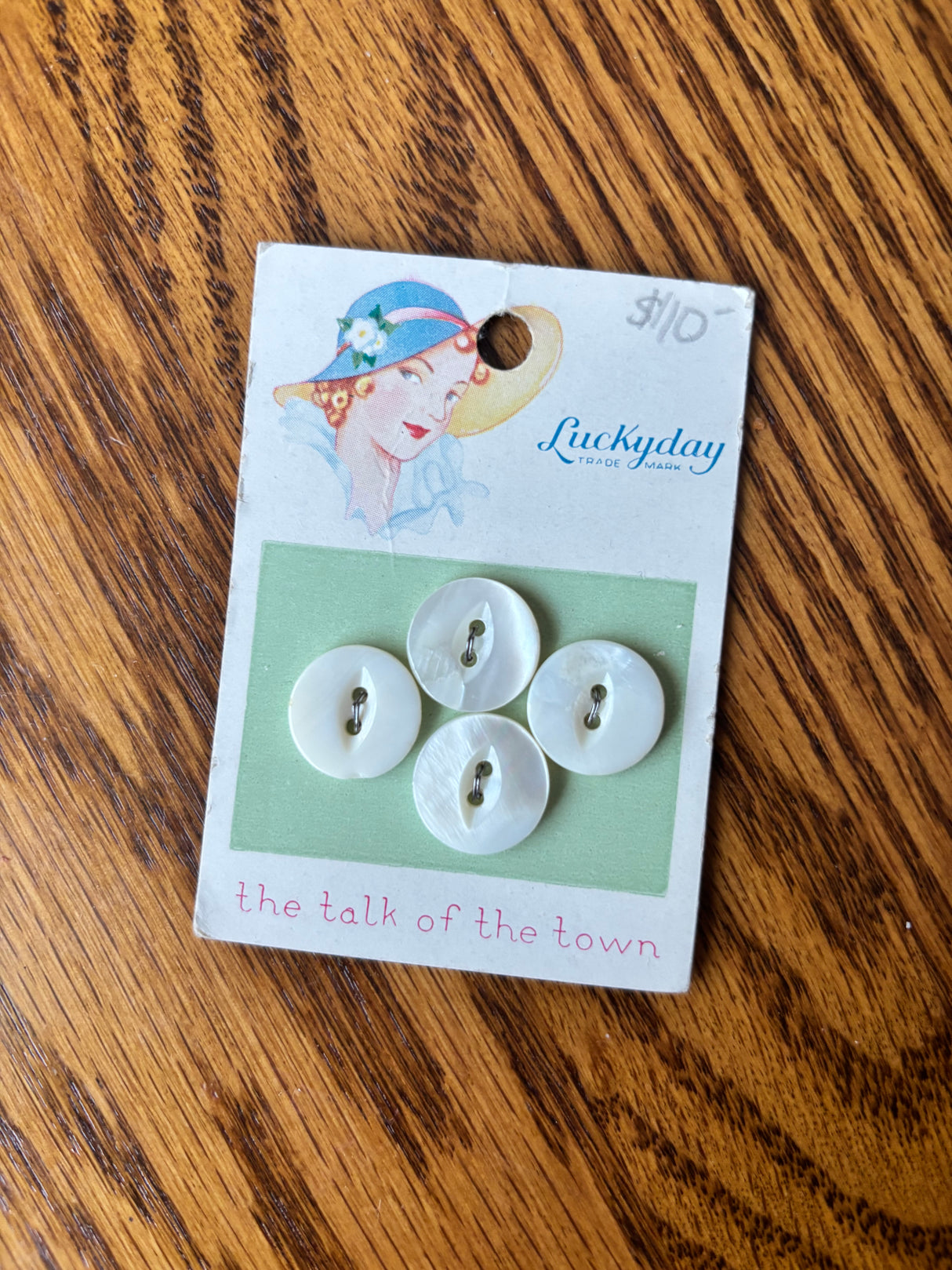 1940’s Lucky Day Pearl Buttons - Opaque - Set of 4 - 9/16" -  on card (49AB)