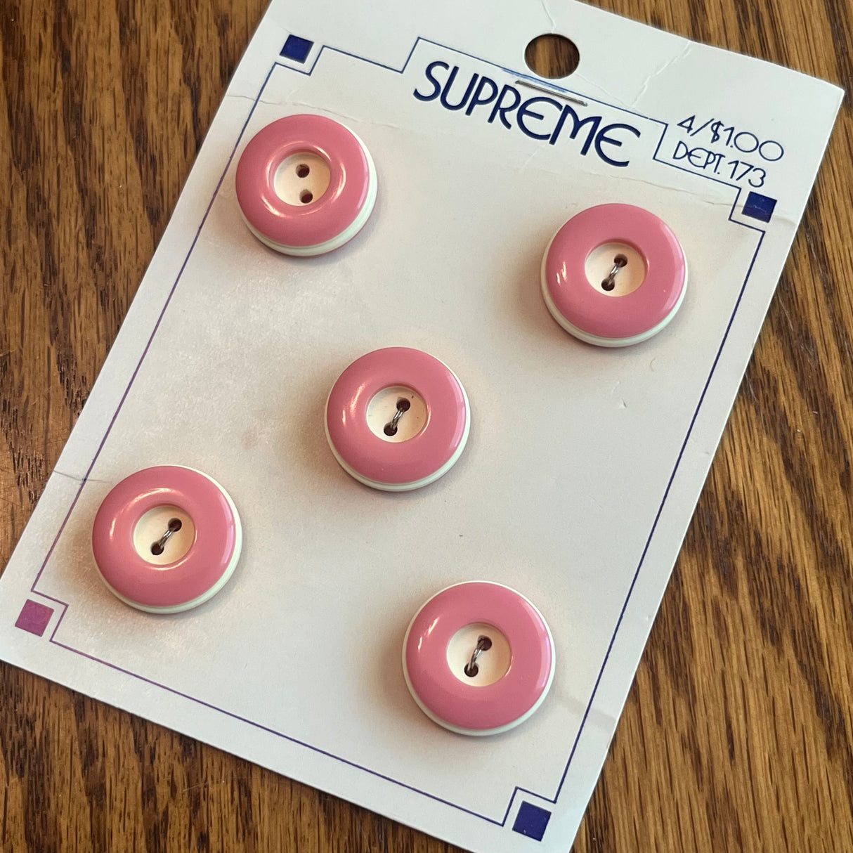 1980’s Supreme Plastic Buttons - Pink and White - 15/16" -  on card