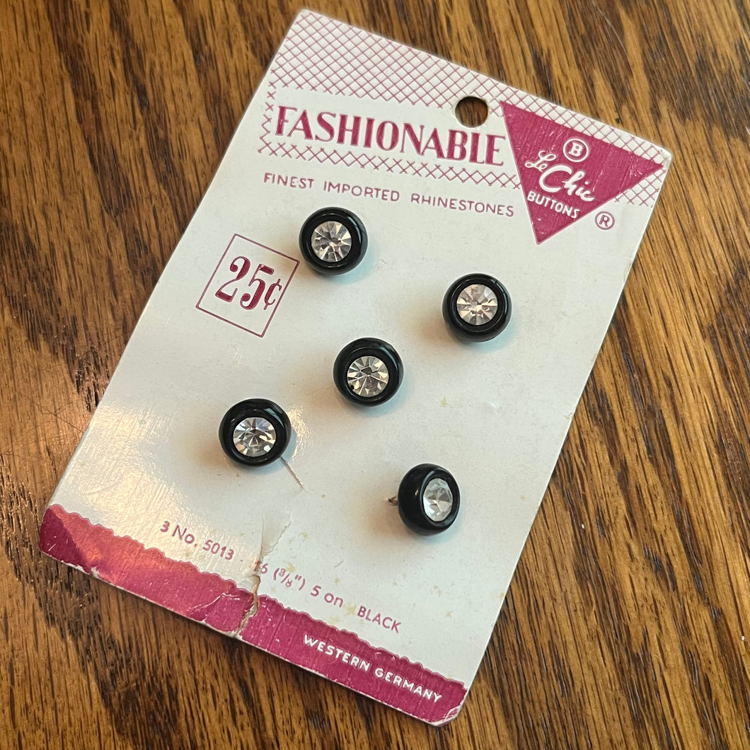 1960’s Fashionable by Le Chic Plastic Buttons - Black with Rhinestones - Set of 5 - 4/8” -  on card