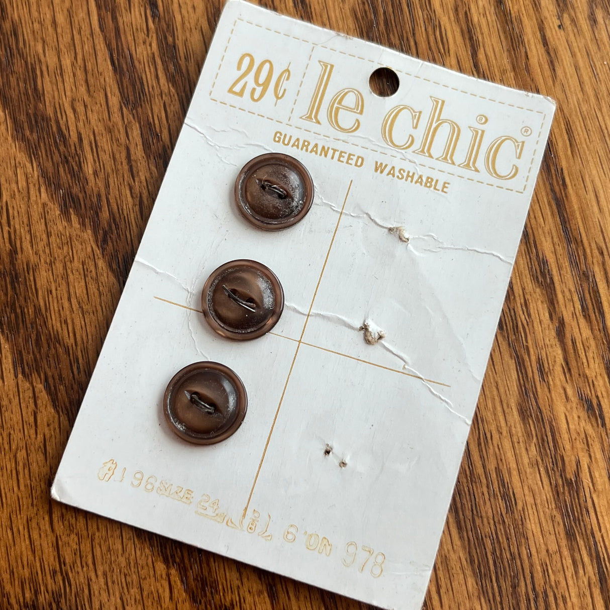 1960’s Le Chic Plastic Buttons - Frosted Brown - Set of 3 - Size 24 - 5/8" -  on card