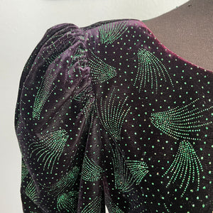 1980’s Black Velvet Taffeta Leg Of Mutton Sleeve  Dress Leslie Fay Evenings XS