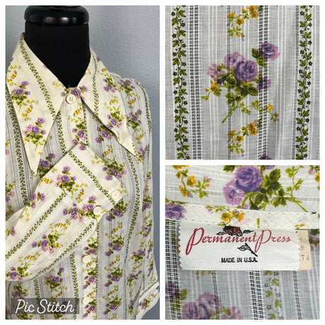 1970s White With Purple Rose Dimity Blouse, Dagger Collar, M/L