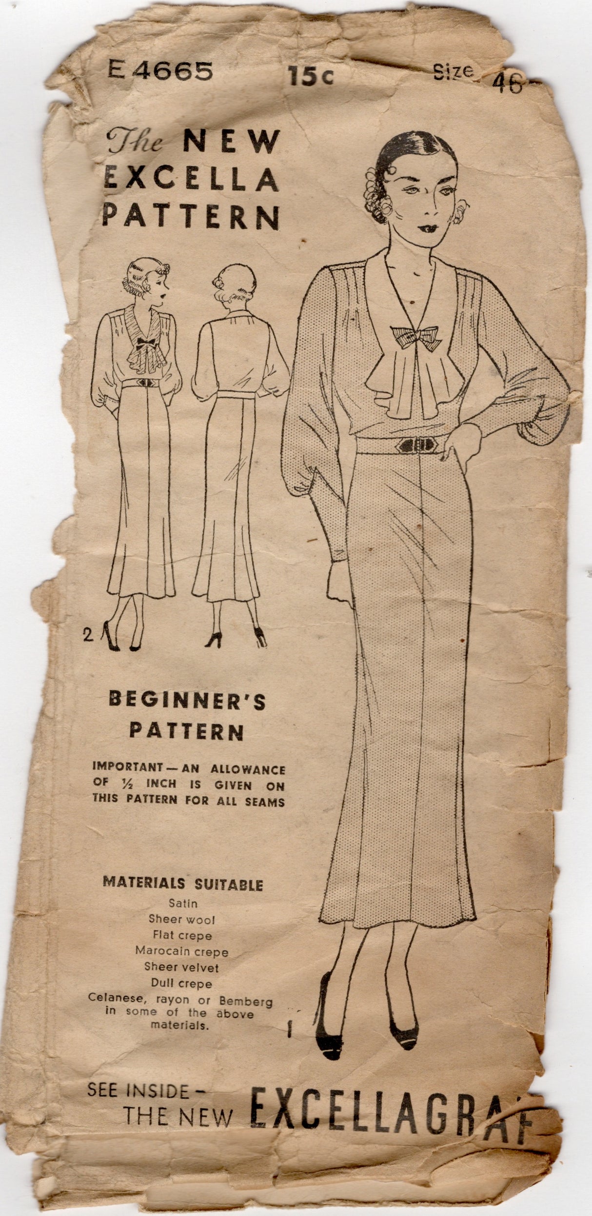 1930's Excella One Piece Dress Pattern with Tucked Shoulder and Large Cuffed Sleeve - Bust 46" - No. E4665