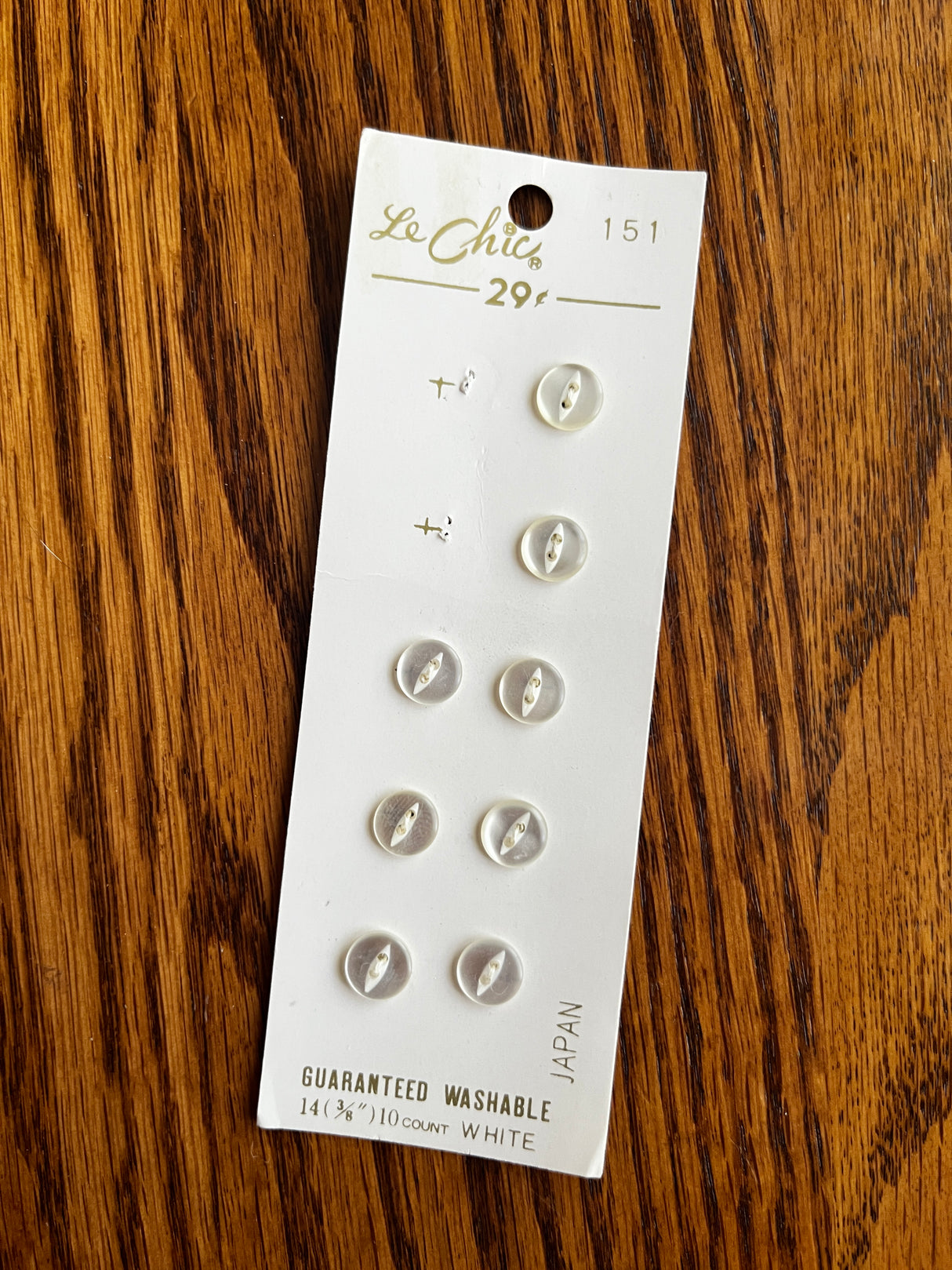 1980’s Le Chic White Pearlescent Plastic Buttons - Set of 8 - 3/8” - on card