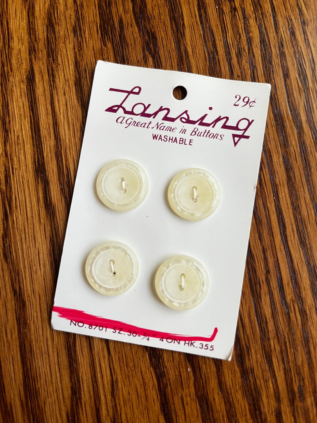 1970’s Lansing Cream Matte Plastic Buttons - Set of 4 - 3/4” - on card