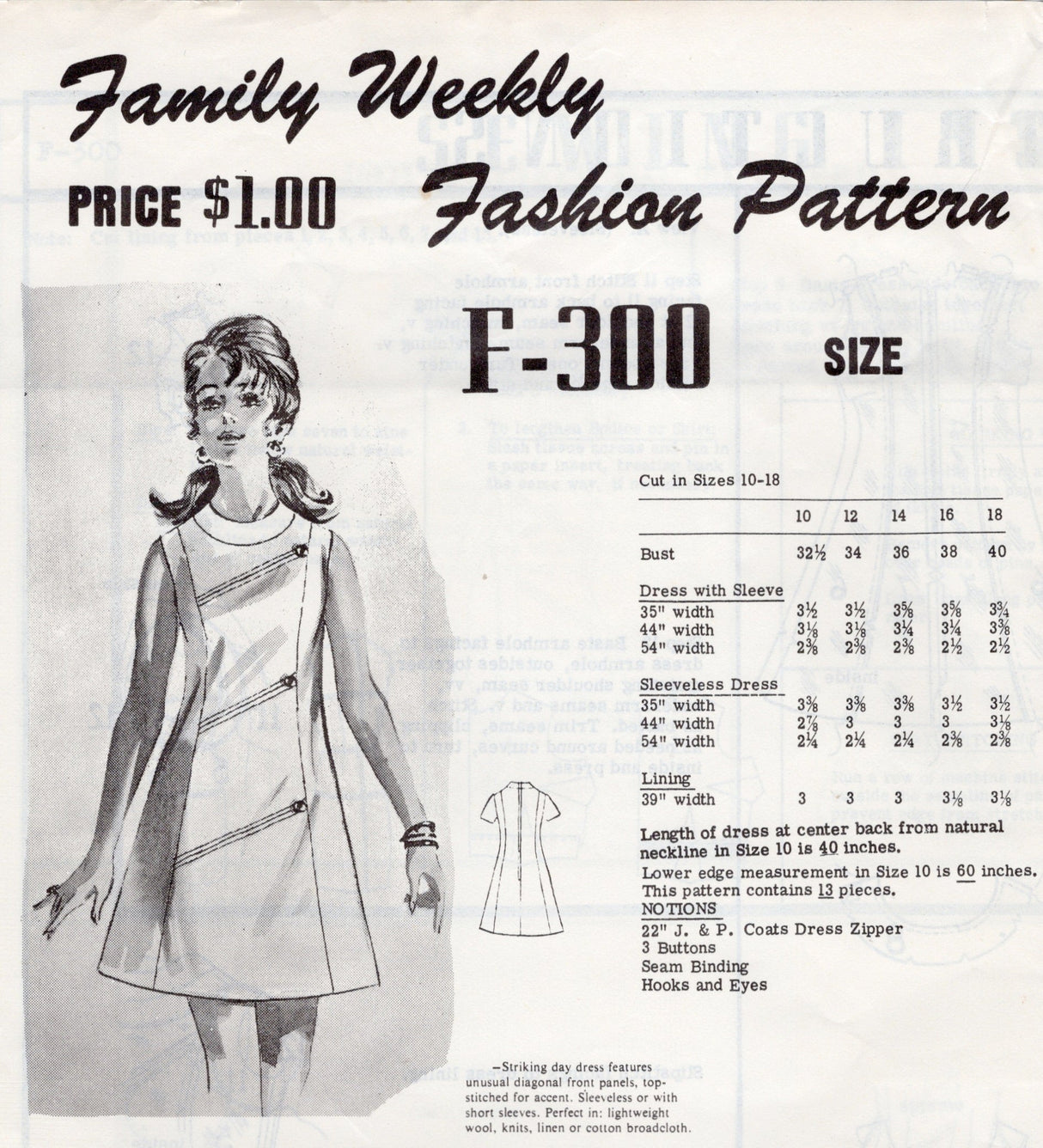 1970's Mail Order A-line Dress Pattern with Diagonal Accents - Bust 38   Backroom Finds