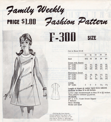 1970's Mail Order A-line Dress Pattern with Diagonal Accents - Bust 38" - No. F 300