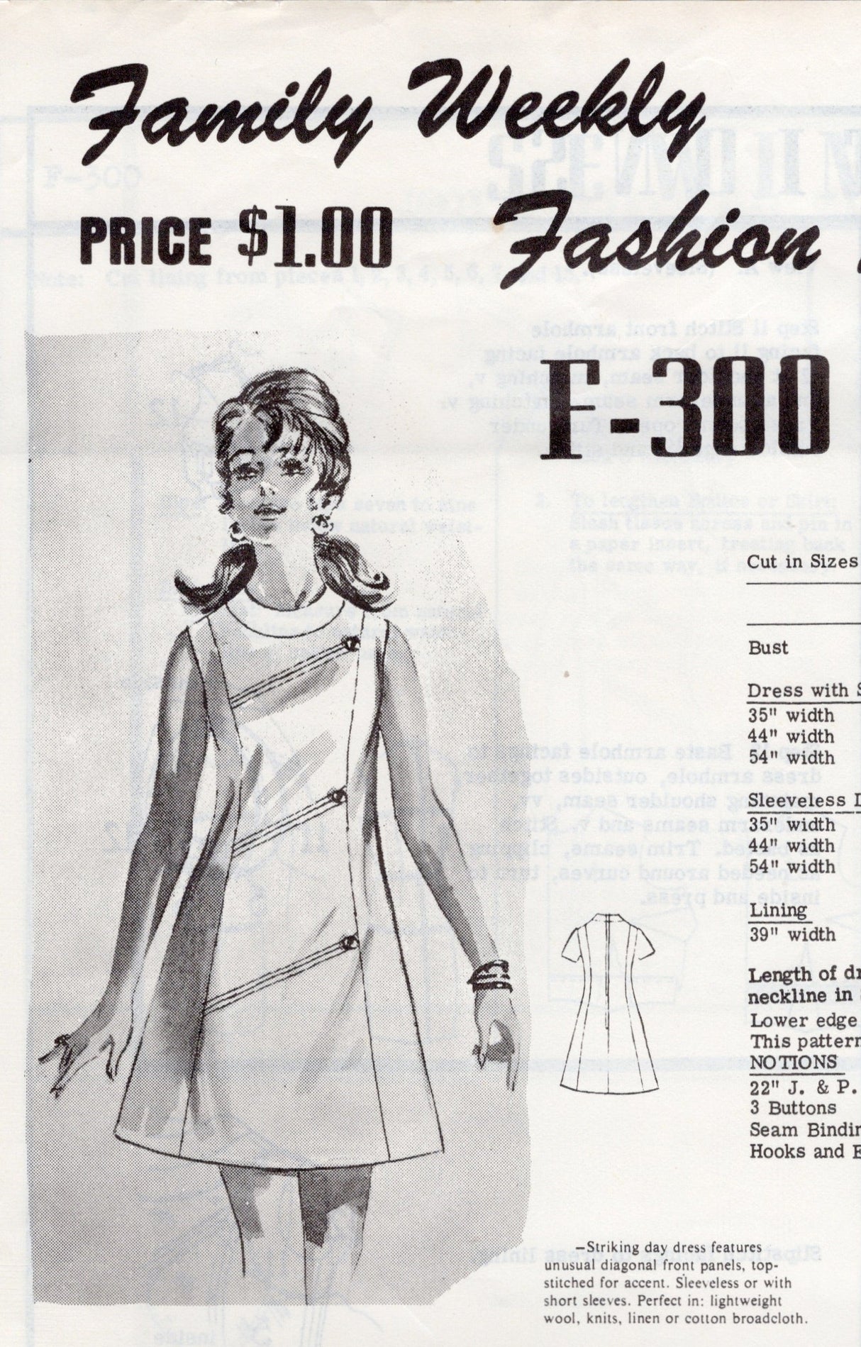 1970's Mail Order A-line Dress Pattern with Diagonal Accents