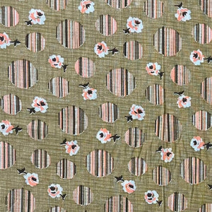 1960’s Tan with Pink and Black Striped Circles and Rose Print Fabric - BTY