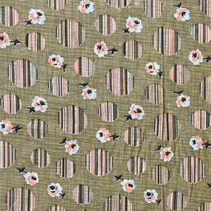 1960’s Tan with Pink and Black Striped Circles and Rose Print Fabric