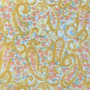 1970’s Golden Yellow Paisley Print with Pink Flowers Polyester Double Knit Fabric - BTY