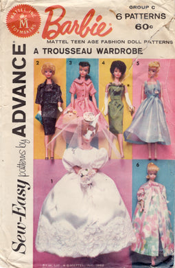 1960's Advance Barbie Doll Clothes pattern for Bridal Gown, Dress and Jacket, Afternoon Dress, Engagement Dress, Nightgown and Peignoir - No. 2895 (Group C)