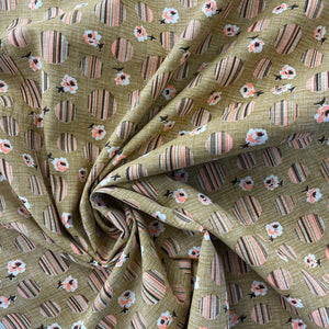 1960’s Tan with Pink and Black Striped Circles and Rose Print Fabric